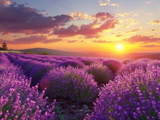 Obraz premium A field of lavender flowers with a beautiful sunset in the background. 