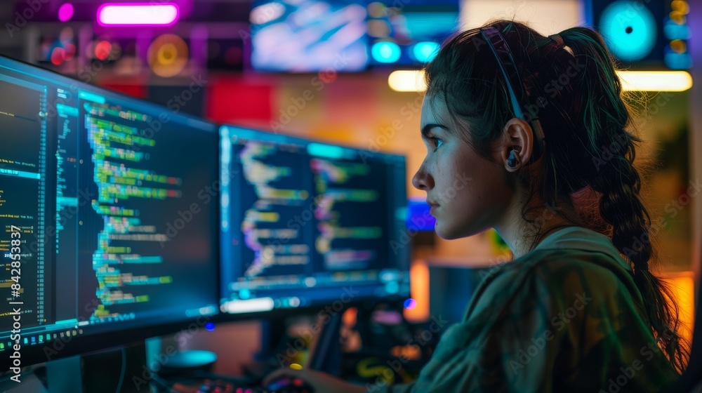 Poster a female software engineer creating code on a desktop computer with multiple screens in a co-working