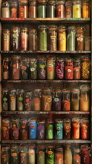 Fototapeta premium A spice rack overflowing with colorful jars labeled in different languages (realistic)
