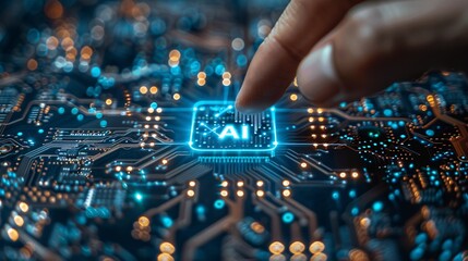 Obraz premium Futuristic Finger Touches AI Chip, Illuminating Circuits in a Digital World - Generative AI