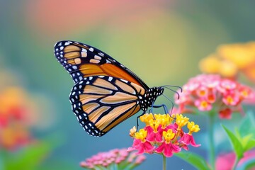 Obraz premium A beautiful image in nature of a monarch butterfly on a lantana flower, summer