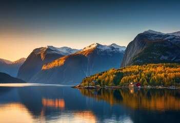 tranquil fjord sunrise reflecting calm waters majestic mountains background, reflection, serene, nature, landscape, beauty, peaceful, scenery, horizon, view, early