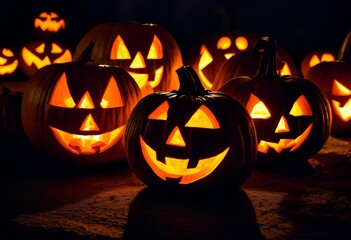eerie jack lanterns illuminating darkness halloween decoration spooky pumpkin lights, creepy, glowing, shadows, festive, flickering, mysterious, frightening