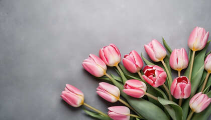 Bouquet of pink tulips on gray background. Mothers day, Valentines Day, Birthday celebration concept. Greeting card, invitation card, thanks card. Copy space, top view