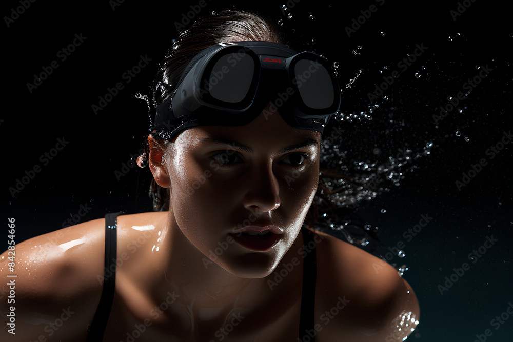 Wall mural A women swimmer wearing a black swim cap and goggles