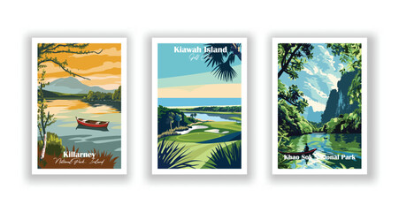 Khao Sok National Park, Thailand, Kiawah Island Golf Club, Killarney, National Park, Ireland - Vintage travel poster. Vector illustration. Poster Travel for Hikers Campers Living Room Decor