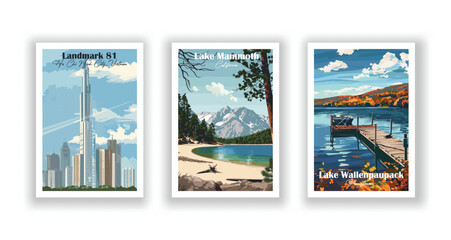 Naklejka premium Lake Mammoth, California, Lake Wallenpaupack, Pennsylvania, Landmark 81, Ho Chi Minh City, Vietnam - Vintage travel poster. Vector illustration. Poster Travel for Hikers Campers Living Room Decor