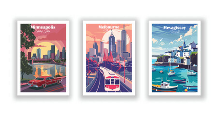 Fototapeta premium Melbourne, Australia, Mevagissey, Cornwall, Minneapolis, United States - Vintage travel poster. Vector illustration. Poster Travel for Hikers Campers Living Room Decor