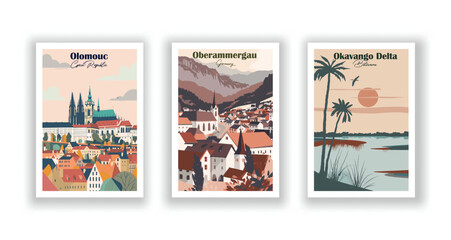Obraz premium Oberammergau, Germany, Okavango Delta, Botswana, Olomouc, Czech Republic - Vintage travel poster. Vector illustration. Poster Travel for Hikers Campers Living Room Decor