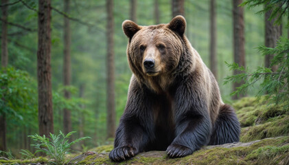 Fototapeta premium A brown bear sits on a stone in the forest.