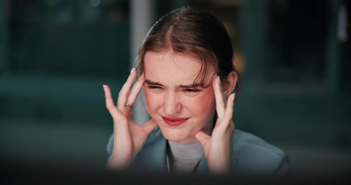 Business woman, night or headache with stress or massage temple, mistake or anxiety at office. Frustrated female person or young employee working late with migraine, strain or overworked at workplace