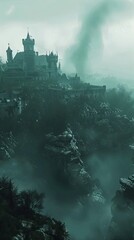 Fototapeta premium A mysterious castle on a foggy hilltop. Realistic.