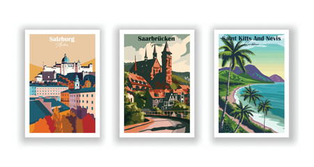 Fototapeta premium Saarbrücken, Germany, Saint Kitts And Nevis, Caribbean, Salzburg, Austria - Vintage travel poster. Vector illustration. Poster Travel for Hikers Campers Living Room Decor