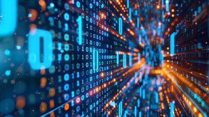Obraz premium Flow of Binary Code in a Digital Matrix, Representing Advanced Data Transfer and Cyber Security Concepts in a Futuristic Virtual Environment, digital background -Generative AI