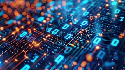 Obraz premium Intricate Digital Circuit Board with Flowing Binary Code, Illustrating Advanced Technology and Cyber Systems in a High-Tech Environment, digital background -Generative AI