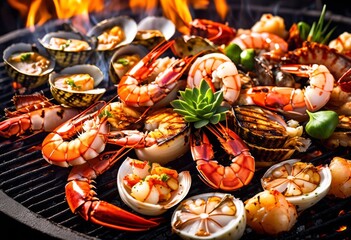 sizzling fresh seafood grill scallops hot top view, barbecue, bbq, brunch, clam, cooking, crab, cuisine, culinary, delicacy, delicious, delight, diet