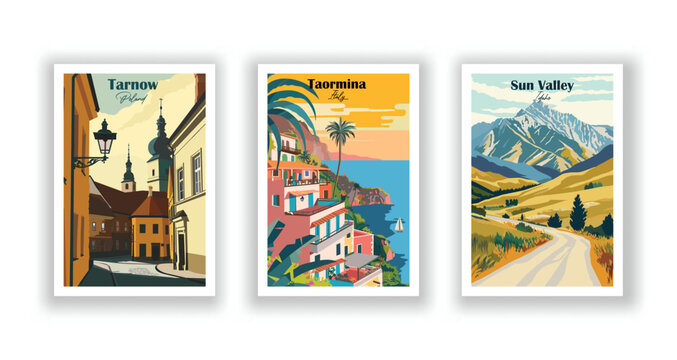 Sun Valley, Idaho, Taormina, Italy, Tarnow, Poland - Vintage travel poster. Vector illustration. Poster Travel for Hikers Campers Living Room Decor