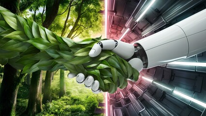 Nature Leaf Hand and Robotic Hand Reaching to Shake, Symbolizing the Fusion of Nature and Technology