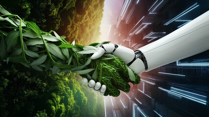 Nature Leaf Hand and Robotic Hand Reaching to Shake, Symbolizing the Fusion of Nature and Technology