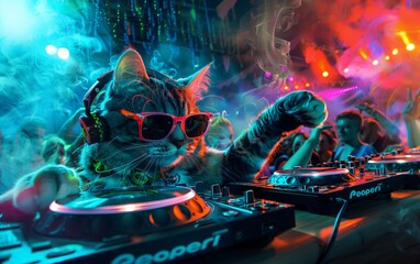 Cat DJ rocking the club with vibrant lights
