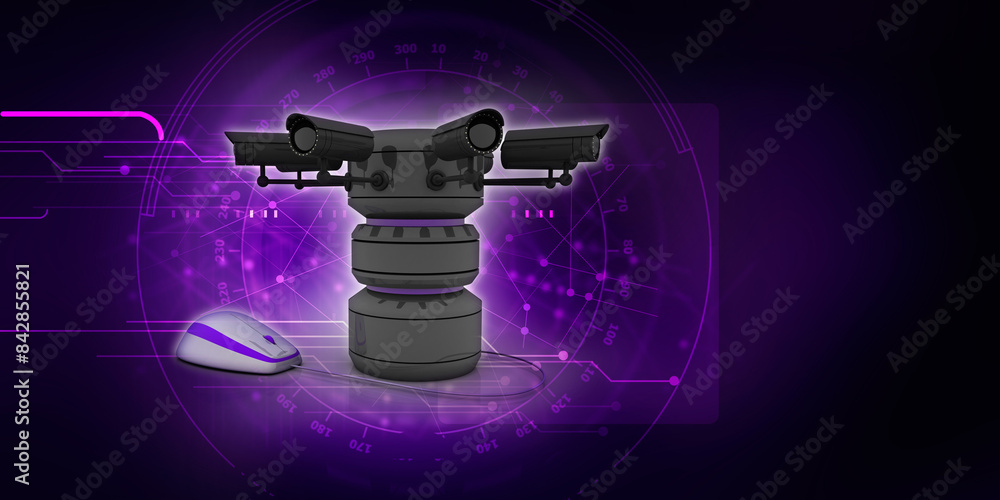 Poster 3d rendering surveillance cctv security camera connected database near mouse