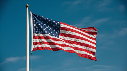 4th of July, USA Independence day greeting on the blue banner template. Photograph of the Statue of Liberty holding her torch on a sunny day in Manhattan.