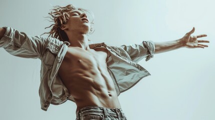 Dynamic silhouette of dancer against bright white background. Fluid expressive pose. Freedom dance, artistic performance. Contrast motion. Creative project inspirational poster. Free man feel calmness