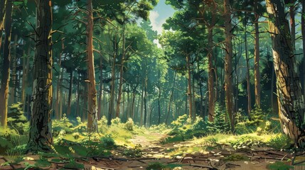 Obraz premium Pine forest with tall trees, dappled sunlight, and a serene atmosphere