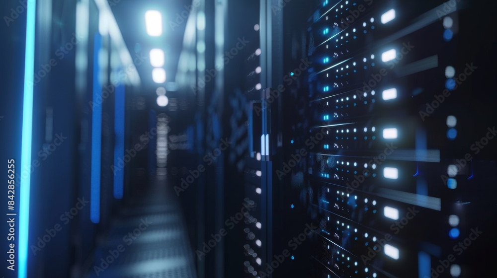 Poster several rows of servers in a data center. telecommunications, cloud computing, stock, databases, and