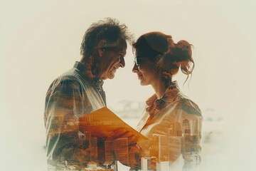 Middleaged couple reviewing insurance policies close up, focus on, copy space Clear and protective colors Double exposure silhouette with insurance forms