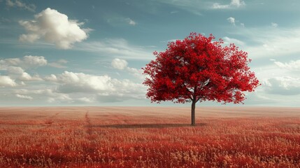 Fototapeta premium A lone red tree in an expansive field of red flowers beneath a bright blue sky with scattered clouds, creating a serene landscape.