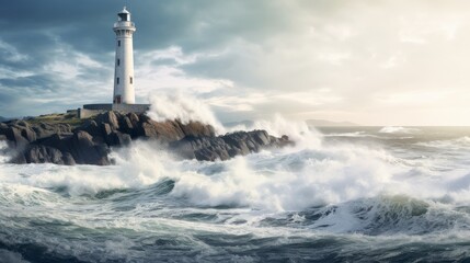 A dramatic seascape with crashing waves against a lighthouse on rocky shore under a cloudy sky, capturing the raw beauty of nature and the sea.