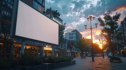 Blank white mockup signboard on a streetlight in a bustling public square outside a business mall