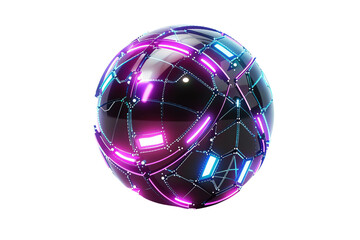 Futuristic glowing sphere with neon lights and a digital grid design, showcasing modern technology and cyber aesthetics.
