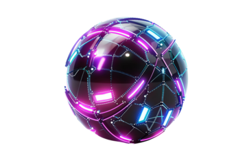 Futuristic glowing sphere with neon lights and a digital grid design, showcasing modern technology and cyber aesthetics.