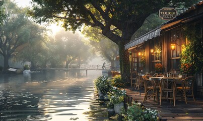 Obraz premium A peaceful riverside cafe with outdoor seating. Realistic.