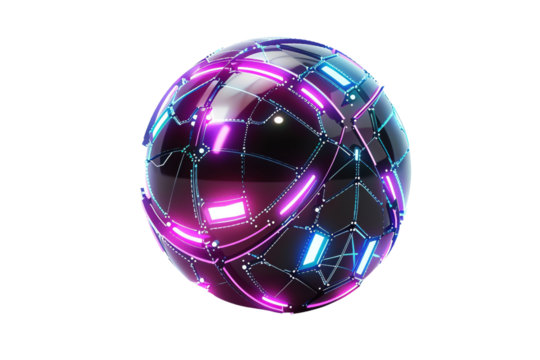 Futuristic glowing sphere with neon lights and a digital grid design, showcasing modern technology and cyber aesthetics.