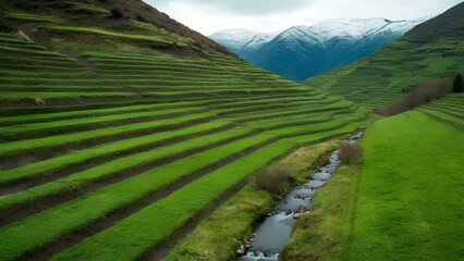 Organic Green Terraced Farming in Mountainous Landscape