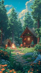 Obraz premium A tranquil forest glade with a wooden cabin, campfire, tents, and forest creatures, realistic.