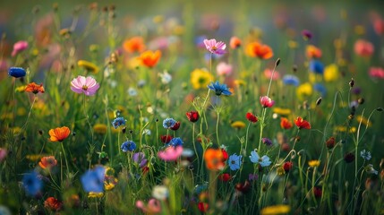 Meadow flowers with a variety of colorful blooms in a green field