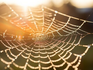 Naklejka premium A spider web glistening with dewdrops in the morning sun, creating a beautiful natural pattern and bokeh effect.