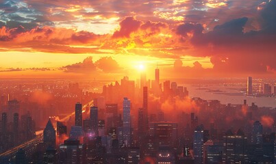 Fototapeta premium A bustling city skyline at sunset. Realistic.