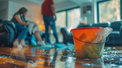 An angry couple in the background calls the insurance company, screams into the phone in frustration, and tries to find a plumber. Roof is leaking and pipe ruptured in house.