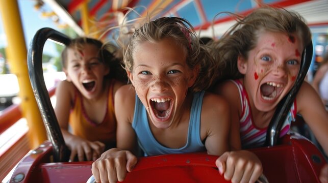 Excited young girls riding a rollercoaster at an amusement park with expressions of joy and laughter capturing the pure fun and thrilling moments of the ride surrounded by a vibrant and energetic