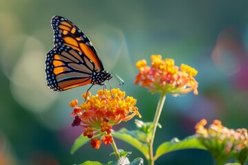 Obraz premium A beautiful image in nature of a monarch butterfly on a lantana flower, summer