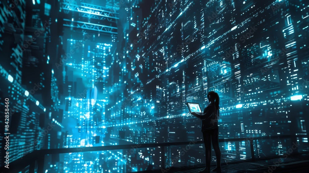 Poster an experienced female data center it specialist utilizing a tablet computer to generate augmented vf