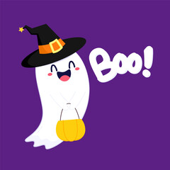 Cute ghost floating with Halloween pumpkin basket for Trick or Treat. Funny spooky boo character. Spook phantom with happy smiling face expression. Isolated kids flat vector illustration.