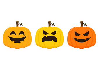 Pumpkin head set. Cute and scary Halloween pumpkin monster set. Holidays cartoon character in flat style collection.
