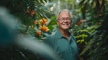 Capture the essence of serenity with a portrait of a mature man amidst a botanical garden, his smiling face reflecting pure joy amidst the lush greenery