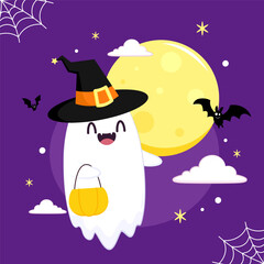 Cute ghost floating with Halloween pumpkin basket for Trick or Treat. Funny spooky boo character. Spook phantom with happy smiling face expression. Isolated kids flat vector illustration.